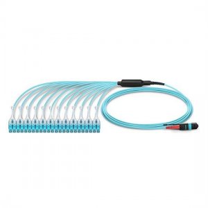 5M MTP Male to 12 LC UPC Duplex 24 Fibers OM3 50/125 Multimode HD Harness Cable, Polarity A, LSZH Bunch